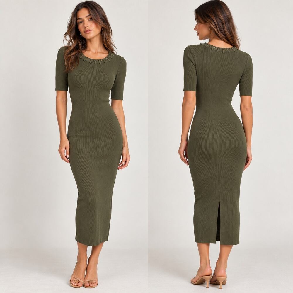 Camila Coelho Olive Green Braided Neck Ribbed Knit Midi Dress M